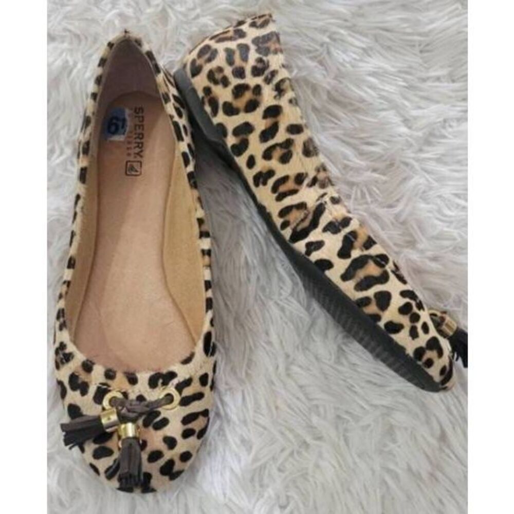 Sperry Top Bliss Leopard Calf Hair Leather Ballet Flats Sz 6.5
